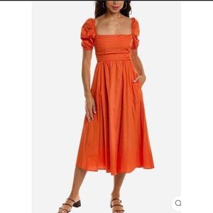 O.P.T. River Dress cotton dark orange puff sleeves fit & flare square‎ neck Sz L